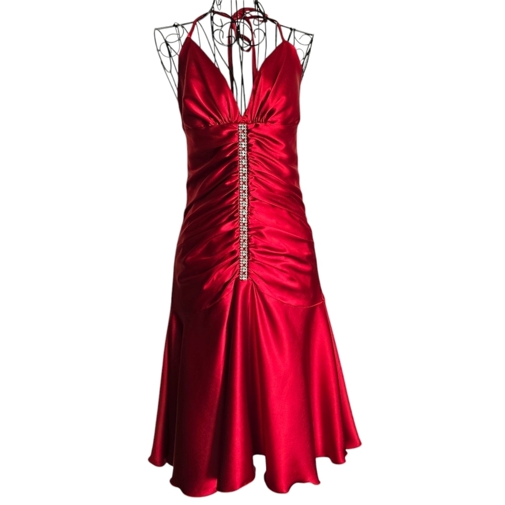 🍁Vtg 90's Jessica McClintock Sexy Red Satin & Rhinestone Ruched Halter Dress
